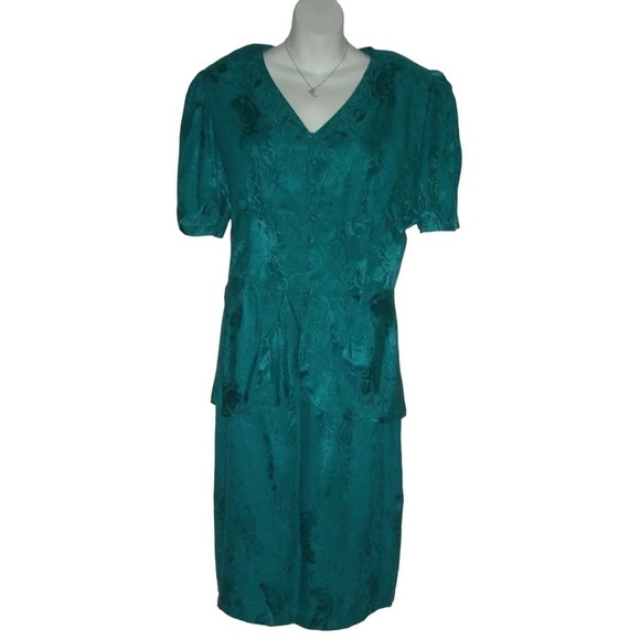 Vintage 80s Jonathan Martin Outfit Turquoise Silk Floral Skirt Suit Dynasty Plus - Picture 12 of 12